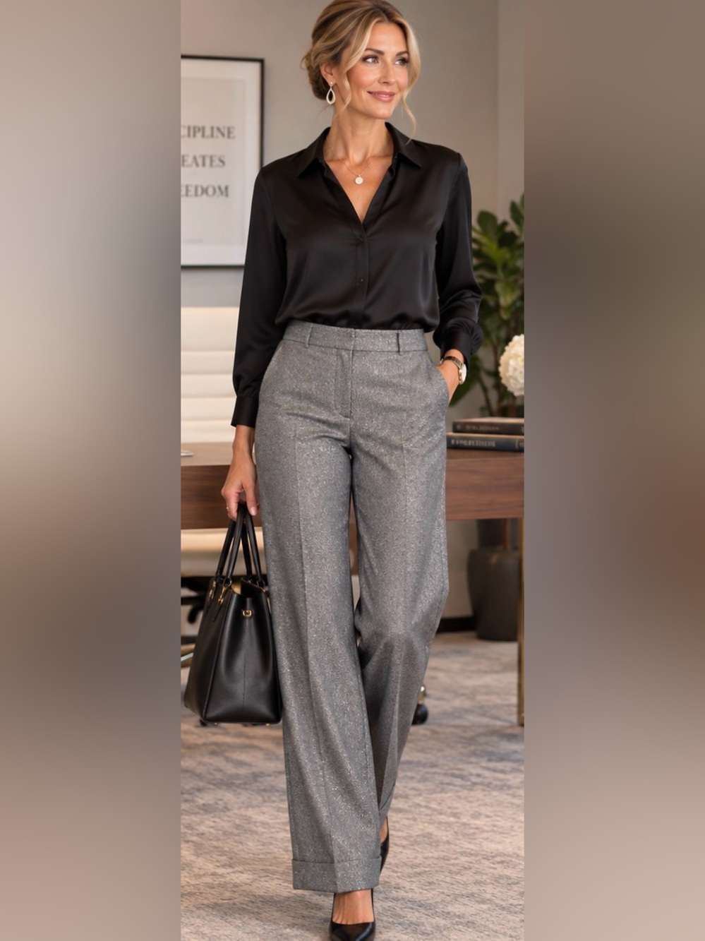 New York & Company Stretch Gray Silver Shimmer Wide Leg Dress Pants Size 8